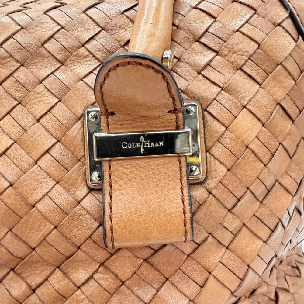 Cole Haan Woven Leather Doctor Satchel Bag Cognac Genevieve Y2K Boho Festival